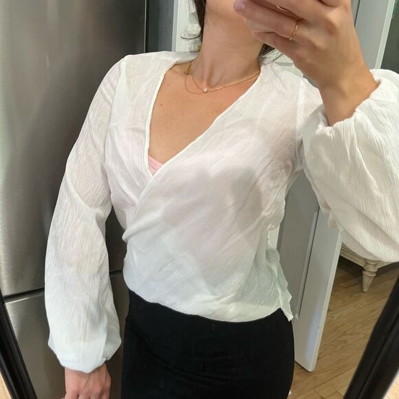 Top Shop Wrap White Blouse Size 8 Medium puff sleeve - Picture 11 of 12